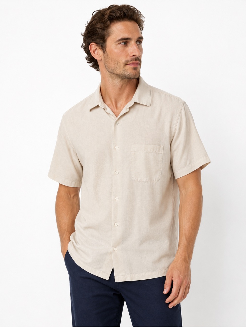 TravelSmith 100% Silk Camp Shirt Men’s Large Beige Short Sleeve Travel Casual